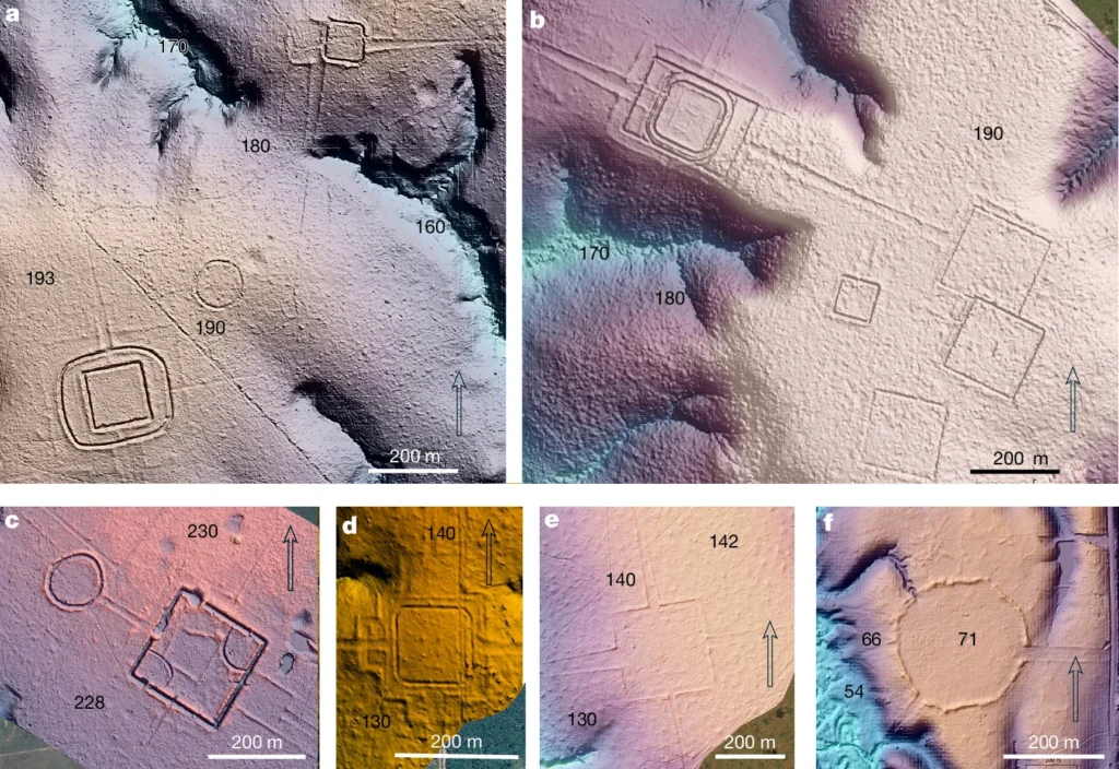 Mappe LiDAR di sei geoglifi rettangolari e circolari scoperti nella foresta amazzonica