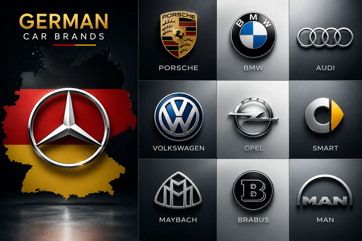 I principali marchi automobilistici tedeschi: Porsche, BMW, Audi, Volkswagen, Opel, Smart, Maybach, Brabus e MAN